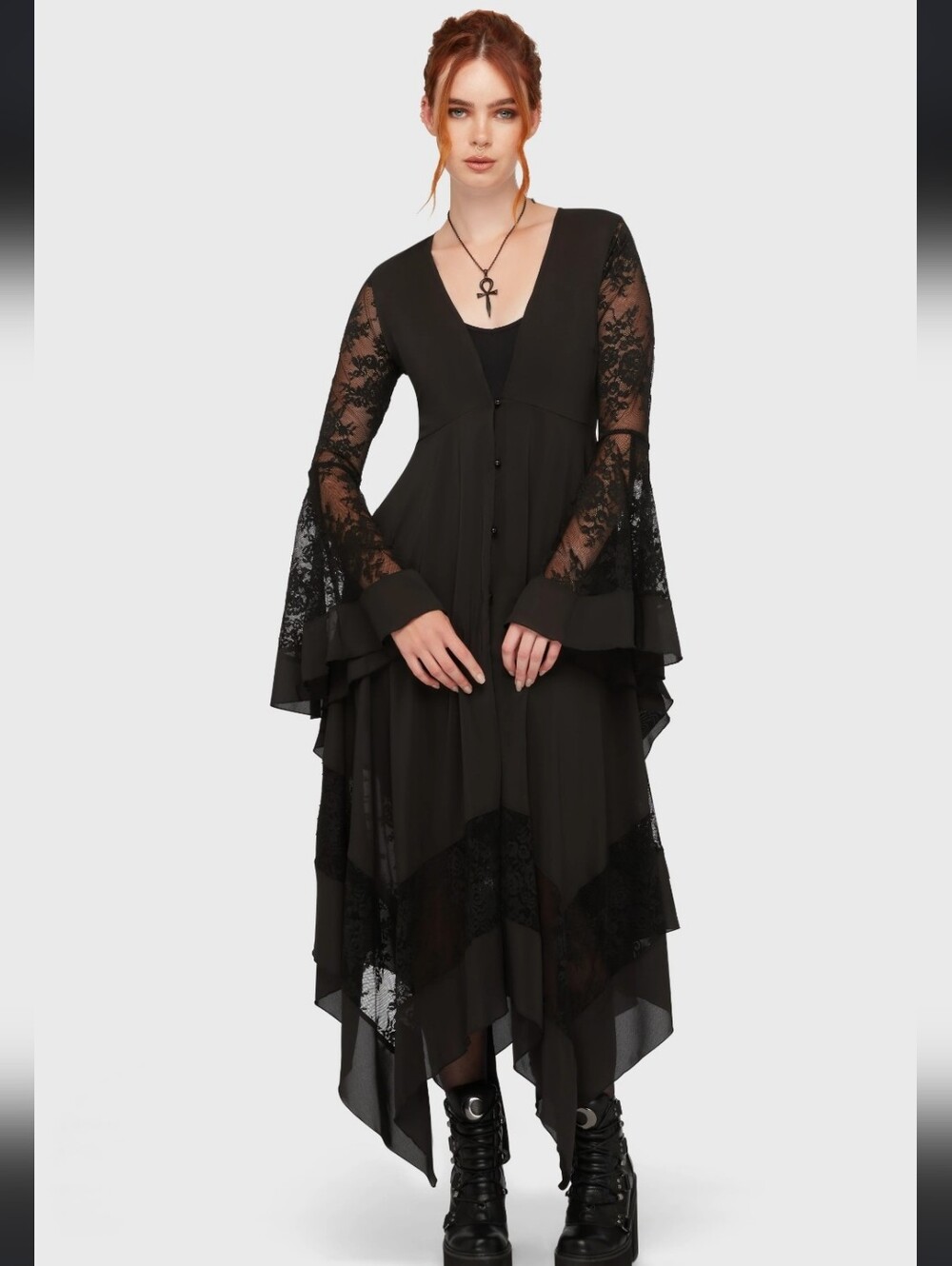 Killstar Black Lace Maxi Dress with Fluted Sleeves